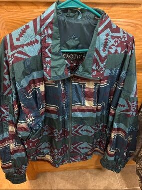 Vintage Women's Teal & Burgundy Patterned Windbreaker Jacket
